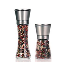 Salt and Pepper Grinder Set of 2 Adjustable and Easy To Use 304 Stainless Steel Pepper Mills Top Thick Glass Body Kitchen Tools