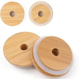 Other Drinkware Bamboo Cap Lids 70mm 88mm Reusable-Bamboo Mason Jar-Lids with Straw Hole and Silicone Seal SN3089