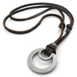 Jonline24h Vintage Style Alloy Double Ring Pendant Adjustable Leather Cord Mens Womens Necklace Chain