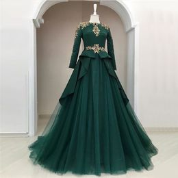 Muslim Dubai Kaftan Green Tulle Evening Dresses Long Sleeves Gold Appliques Saudi Arabic Formal Prom Party Gown