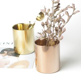 400ml Nordic style brass gold vase Stainless Steel Cylinder Pen Holder for Desk Organisers Multi Use Pencil Pot Holder Cup SN269