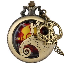 Vintage Antique Watch Hollow Case Nightmare Theme Unisex Quartz Analogue Pocket Watches Skull Accessory Necklace Chain Xmas Gift