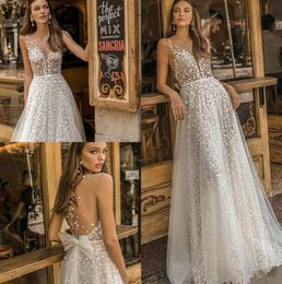 Muse by Berta Wedding Dresses Sheer Neck Lace Appliqued Bridal Gown A Line Beach Boho Simple See Through Wedding Dress With Bow 3922