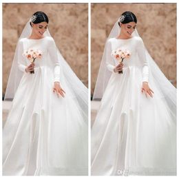 New Elegant Long Sleeves Satin A-Line Wedding Dresses Modest Customised Long Bridal Gowns Formal Robe De Mariee Largo