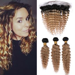 #1B 27 Ombre Bundles and Lace Frontal Brazilian Deep Wave Honey Blonde Ombre Weaves Human Hair 3Bundles with Full Lace Closure 13x4"