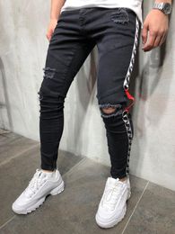 2019 Europe And America MEN'S Jeans Webbing with Holes Skinny Slim Fit Foot Mouth Zipper New Style Men'S Wear Fashion