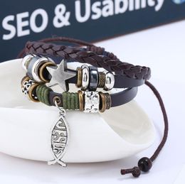 New Beaded Leather Bracelet Popular Jewellery Wholesale Metal Pendant Leather Bracelet Jesus Fish Cross Bracelet