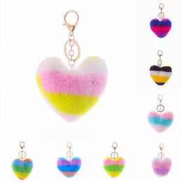 Hot Sale 8 Styles Multicolor Stitching Keychain Alloy Keyrings Faux Fur Ball Pom Pom Key Chain Ring for Women Girls Bag Pendant