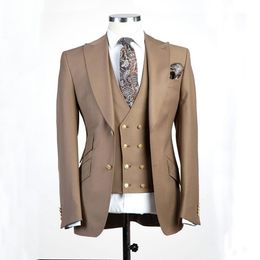 Brand New Groomsmen Light Brown Groom Tuxedos Peak Lapel Men Suits Wedding Best Man Bridegroom Blazer (Jacket + Pants + Vest + Tie) L236