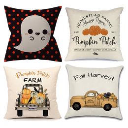 4PCS Halloween Throw Pillow Covers Pumpkin Castle Bat Theme Sofa Home Decor Cotton Linen Throw Pillow Case Cushion Covers
