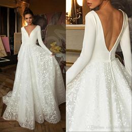 2020 Elegant Boho Long Sleeve Wedding Dresses V Neck Covered Button Backless Lace Train Bridal Gown Vestido de Novia