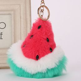 Cute Soft Keyring Car Chic Fruit Bag Charm Watermelon Faux Fur Ball Keychain Bag Plush Car Key Ring Car Key Pendant