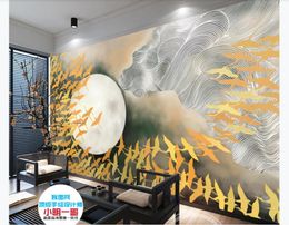 Customised 3d silk photo murals wallpaper New Chinese Ultra HD Hand-painted Thousand Birds TV Background Wall Ink Mural Painting Decoration