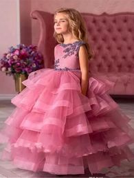 Flower Girls Dresses Sweep Train Illusion Bodice Applique Birthday Party Girls Pageant Gowns With Bow Customized