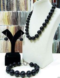 14mm Black Shell Pearl Necklace 18inch+ Bracelet + Earrings Set