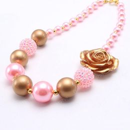 Fashion Gold Colour Flower Girl Kid Chunky Necklace Newest Arrivel Fashion Bubblegume Bead Chunky Necklace Jewellery For Baby Kid Girl