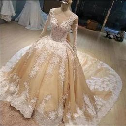2018 Champagne Bridal Gowns With White Lace Applique Jewel Sheer Neck Long Sleeves Wedding Gowns Back Zipper Custom Wedding Dresses