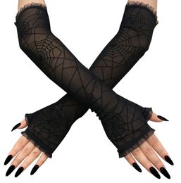 Special Spider Web Pattern Gloves Halloween Party Props Scary Ghost Cosplay Accessory See Through Half Fingers Mesh Lace Gloves