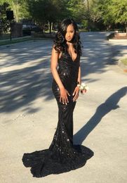 Black Prom Dresses Sexy Deep V Neck Mermaid Bling Bling Sequins Lace Formal Evening Party Dresses For Black Girls