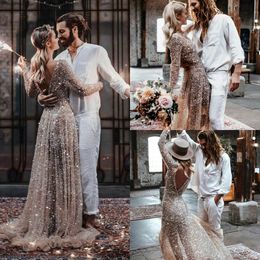 2020 Sparkle Champagne Wedding Dresses Backless vestidos de novia Long Sleeve Plus Size Sequined Bridal Gowns Custom Made2487