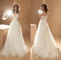 boho aline wedding dresses spaghetti strap sleeveless lace appliqued beaded bow wedding gown custom made sweep train robes de marie