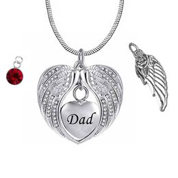 Unisex Angel Wing Memorial Keepsake Ashes Urn Pendant Heart Necklace Birthstone crystal