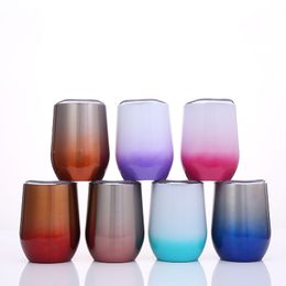 12oz Egg Shape Egg Cups 7 Colors Gradient Stainless Steel Wine Glasses with Lid Shatterproof Vacuum Stemless Cup