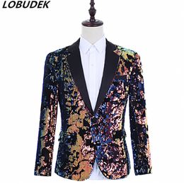 Men Colorful Flipping Sequins Suit Jackets Glittering Paillettes Blazers Coat Nightclub Bar Singer Host Concert Stage Costume Slim Tuxedo