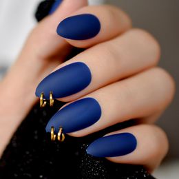 Gold Ring Matte Dark Blue Stiletto Fake Nails Oval Almond Pointed Frosted Full Cover Punk Style Press on False Wear Nail