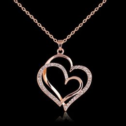 Pretty Crystal Beautifully Necklace Rose gold Colour Love Necklaces Wedding Jewellery Double Heart Pendant Necklace