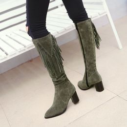 Hot Sale-Women's Flock Snow Boots Square High Heel Knee High Boots Zipper Pointed Tow Winter Warm Plush Ladies Shoes Beige Green Black