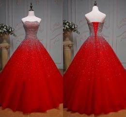 Bling Red Beaded Quinceanera Dresses Strapless Lace-up Prom Evening Formal Gowns Long Party Sweet 16 Dress Vestidos De Festia alexander mcqu