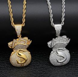 14K Gold Iced Out Dollar Sign Money Bag Pendant Necklace Bling Bling Pendant Mens Hip Hop Micro Pave Cubic Zirconia Simulated Diamonds Jewel