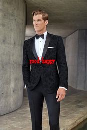 Fashion Men Wedding Tuxedos Black/Blue Jacquard Groom Tuxedos Black Lapel Men Blazer 2 Piece Suit Prom/Dinner Jacket(Jacket+Pants+Tie) 2662