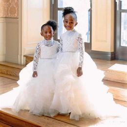Princess Long Sleeve Lace Flower Girl Dresses For Weddings Jewel Neck Tier Ruffles Beaded Long Sleeves Kids Toddler First Communion Dress