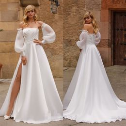 elegant long sleeves beach wedding dresses sexy bateau highsplit sweep train feather ruched chiffon bridal gown custom made bridal dress