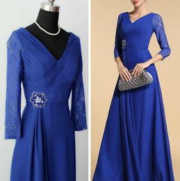 New A-line Mother Of The Bride V-neck Long Sleeves Chiffon and Lace Mother's Dresses Formal Evening Party Custom Made