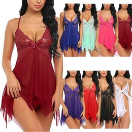 Women Multicolor S-XXL Sexy Open Front Floral Lace Cups Mesh Irregular Hem Babydoll Chemise with Satin Bow Accent Sheer Lingerie Panty Set
