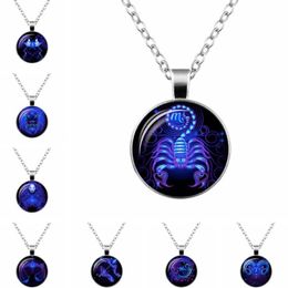 Fashion Galaxy Pendant Necklaces for Women Men 12 Constellations Design Zodiac Signs Horoscope Astrology Glass Cabochon Round Circle Jewelry