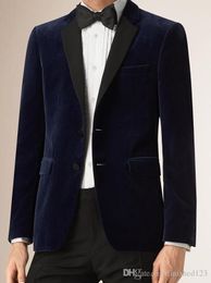 New Style Two Buttons Dark Blue Velvet Wedding Groom Tuxedos Notch Lapel Groomsmen Men Suits Prom Blazer (Jacket+Pants+Tie) NO:2021