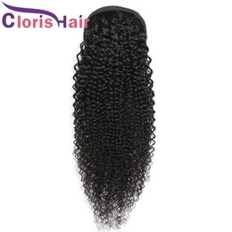 Kinky Curly Pony Tail Peruvian Remy Human Hair Drawstring Ponytails Clip In Extensions Natural Color Thick Bun Ponytail For Black Women