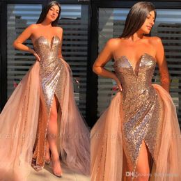 Sexy Rose Gold Sheath Prom Dresses with Detachable Train Sweetheart High Side Split Floor Length Formal Dress Evening Gowns ogstuff