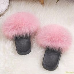 Hot Sale-x Fur Sandals Fox Hair Fur Slides Rubber Flat Non-slip Casual Home Slipper So