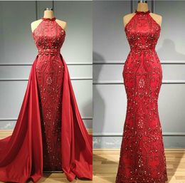 2020 Red Evening Dresses With Detachable Train Halter Beaded Satin Mermaid Prom Dress Floor Length Special Occasion Gowns