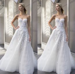 -Uma linha moderna vestidos de noiva Mira Zwillinger Strapless mangas Applique Ruched vestido de casamento Trem da varredura robe de mariée