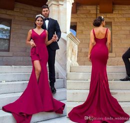 2019 Hot Burgundy Evening Dress Backless Arabic V Neck Long Formal Holiday Wear Prom Party Gown Custom Made Plus Size