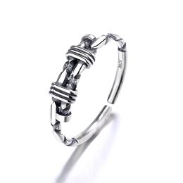 silver nail rings UK - Solid S925 Sterling Silver retro fashion men's women's screw ring Korean personalized male female rope knot twist nail rings accessories wholesale