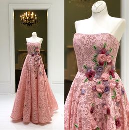 Pink Prom Dress 2020 A Line Strapless Neck Flowers Blush Lace Pageant Gowns for Lady Custom Made Formal Event Party Red Carpet Dress