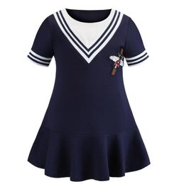 Spring and summer new girls navy wind pleated skirt children knitted short-sleeved dress WY651
