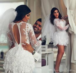 2019 Vintage Short Lace Wedding Dress Long Sleeves Arabic Juniors Sweet 15 Graduation Homecoming Cocktail Party Dress Plus Size Custom Made